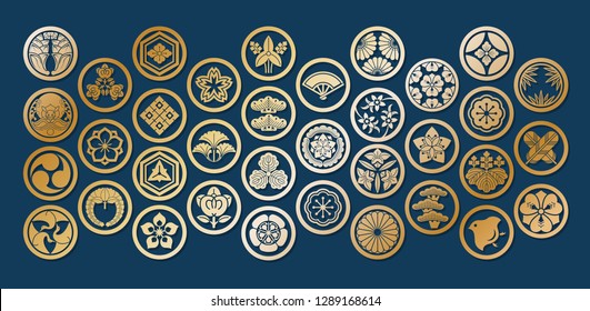 Japanese Family Crests Symbol. KAMON (家紋) Are Japanese Emblems Used To Decorate And Identify An Individual. Gold Geometric Icon And Japan Logo.