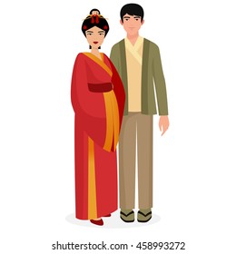 Japanese family. Japan man and woman couple in traditional national clothes