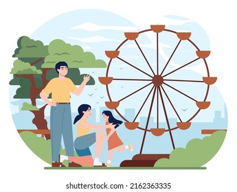 Japanese family outdoors. Happy asian family enjoying spending time together on a walk or a picnic. Beautiful spring or summer landscape. Flat vector illustration