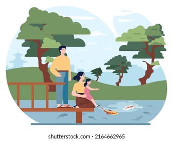 Japanese family outdoors. Happy asian family enjoying spending time together on a walk or a picnic. Beautiful spring or summer landscape. Family watching koi carps. Flat vector illustration