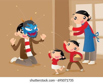 A Japanese family plays a traditional custom game of bean throwing at home at the first day of springs to pray for good luck. Father acts as devil and two kids throw beans to expel him.