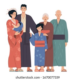 Japanese Family Portrait. Grandparents, Parents And Children. Japanese People Wearing Kimono