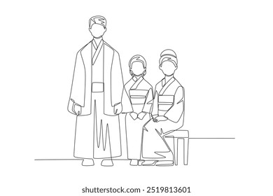 Japanese family taking photos. Families in japan concept one-line drawing