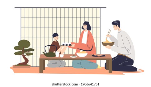 Japanese famlily having dinner together: parents and kid sitting on floor at table with traditional asian food in ethnic oriental dinner room. Cartoon flat vector illustration