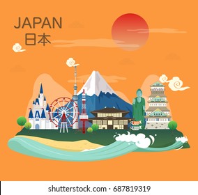 Japanese Famous Landmarks Tourist Attractions Japan Stock Vector ...