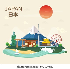 Japanese famous landmarks and tourist attractions in Japan illustration.vector