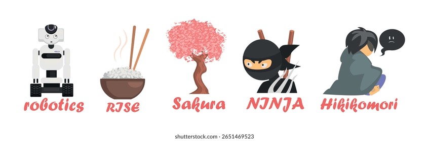 Japanese Famous Object and Symbol with Inscription Vector Set