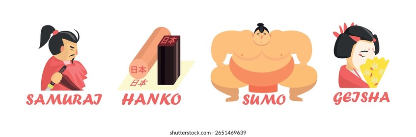 Japanese Famous Object and Symbol with Inscription Vector Set