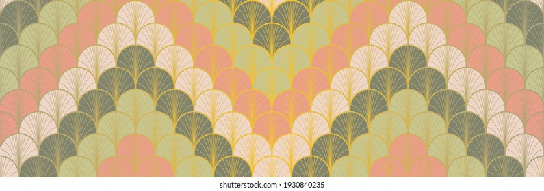 Japanese Fan Golden Seamless Pattern. Geometric Bohemian Asian Wave Pattern. Luxurious Japanese Clothes Texture. Bohemian Kimono Textile. Vintage Gold Chinese Seamless Pattern. Boho Shape Curve Design