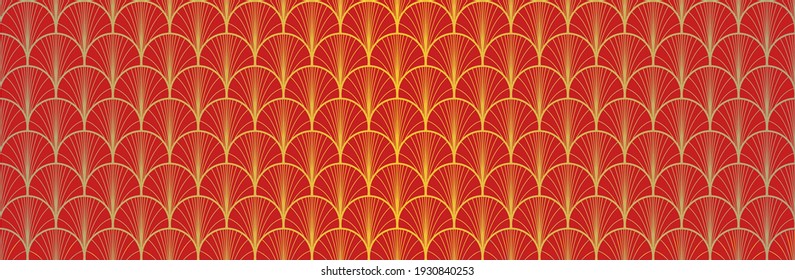 Japanese Fan Golden Seamless Pattern. Bohemian Kimono Textile. Premium Japanese Clothes Print. Bohemian Geometric Asian Wave Pattern. Retro Gold Chinese Seamless Pattern. Deco Shell Shape Texture