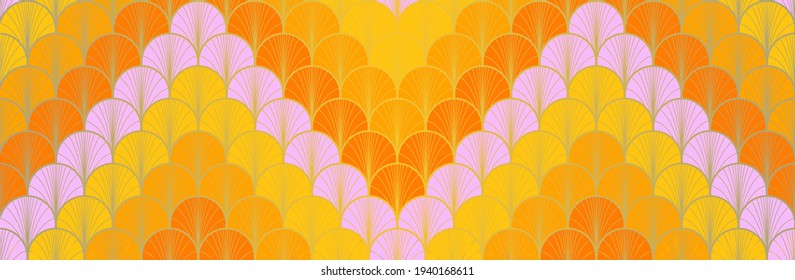 Japanese Fan Golden Seamless Pattern. Bohemian Kimono Textile. Luxurious Japanese Clothes Design. Geometric Bohemian Asian Wave Print. Vintage Gold Chinese Seamless Pattern. Boho Shell Arc Texture