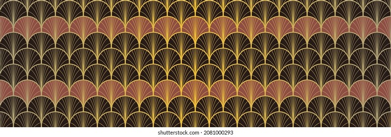 Japanese Fan Golden Seamless Pattern. Bohemian Geometric Asian Wave Pattern. Glamour Kimono Fabric. Premium Japanese Clothes Design. Retro Gold Chinese Seamless Pattern. Deco Arc Shell Texture
