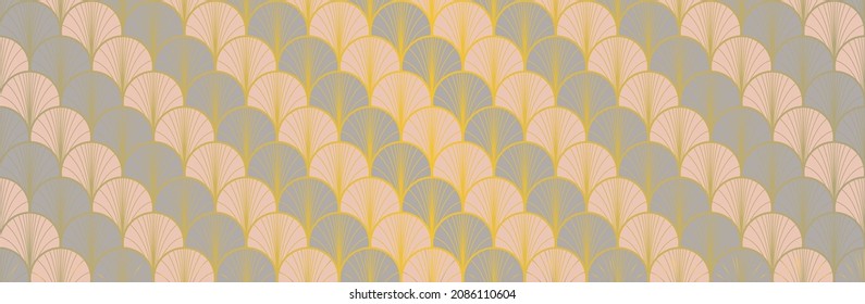 Japanese Fan Golden Seamless Pattern. Luxurious Japanese Clothes Texture. Bohemian Geometric Asian Wave Print. Glamour Kimono Textile. Retro Gold Chinese Seamless Pattern. Boho Shape Curve Pattern