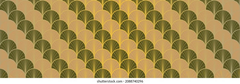 Japanese Fan Golden Seamless Pattern. Geometric Bohemian Asian Wave Pattern. Glamour Kimono Fabric. Premium Japanese Clothes Design. Vintage Gold Chinese Seamless Pattern. Deco Shape Curve Print