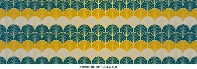 Japanese Fan Golden Seamless Pattern. Bohemian Kimono Textile. Bohemian Geometric Asian Wave Design. Luxurious Japanese Clothes Print. Retro Gold Chinese Seamless Pattern. Boho Shape Shell Texture