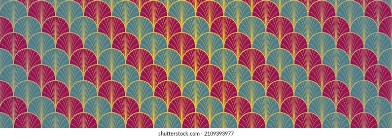 Japanese Fan Golden Seamless Pattern. Elegant Kimono Textile. Premium Japanese Clothes Pattern. Bohemian Geometric Asian Wave Design. Retro Gold Chinese Seamless Pattern. Soft Arc Shape Print