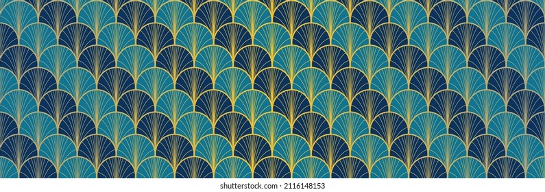 Japanese Fan Golden Seamless Pattern. Elegant Kimono Fabric. Geometric Bohemian Asian Wave Pattern. Luxurious Japanese Clothes Print. Vintage Gold Chinese Seamless Pattern. Soft Shell Arc Design