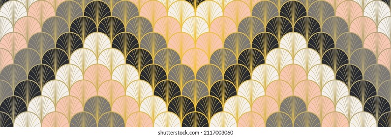 Japanese Fan Golden Seamless Pattern. Glamour Kimono Fabric. Luxurious Japanese Clothes Design. Geometric Bohemian Asian Wave Pattern. Vintage Gold Chinese Seamless Pattern. Boho Arc Shape Print