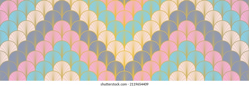 Japanese Fan Golden Seamless Pattern. Bohemian Kimono Fabric. Geometric Bohemian Asian Wave Print. Rich VIP Japanese Clothes Pattern. Vintage Gold Chinese Seamless Pattern. Geo Shape Shell Design