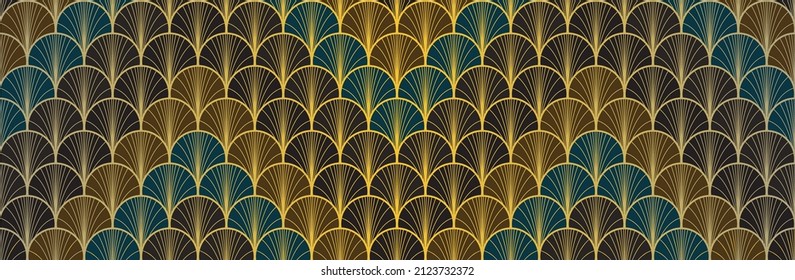 Japanese Fan Golden Seamless Pattern. Bohemian Kimono Textile. Geometric Bohemian Asian Wave Print. Luxurious Japanese Clothes Pattern. Vintage Gold Chinese Seamless Pattern. Deco Curve Shape Design