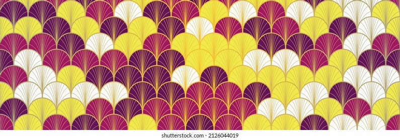 Japanese Fan Golden Seamless Pattern. Premium Japanese Clothes Pattern. Bohemian Geometric Asian Wave Design. Bohemian Kimono Textile. Vintage Gold Chinese Seamless Pattern. Soft Arc Curve Texture