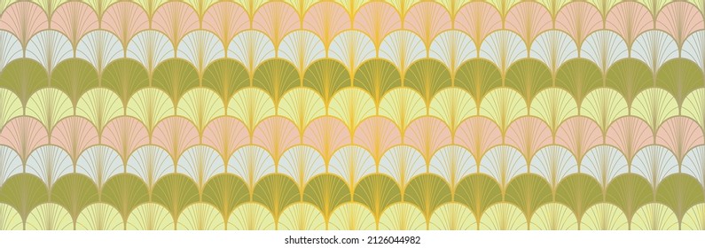Japanese Fan Golden Seamless Pattern. Luxurious Japanese Clothes Design. Geometric Bohemian Asian Wave Pattern. Elegant Kimono Textile. Retro Gold Chinese Seamless Pattern. Geo Arc Curve Print