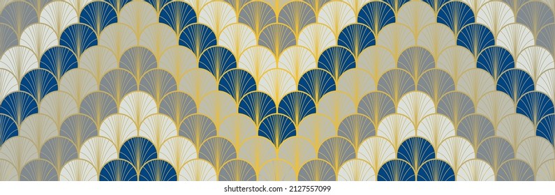 Japanese Fan Golden Seamless Pattern. Bohemian Geometric Asian Wave Pattern. Bohemian Kimono Textile. Luxurious Japanese Clothes Texture. Retro Gold Chinese Seamless Pattern. Boho Shape Shell Print