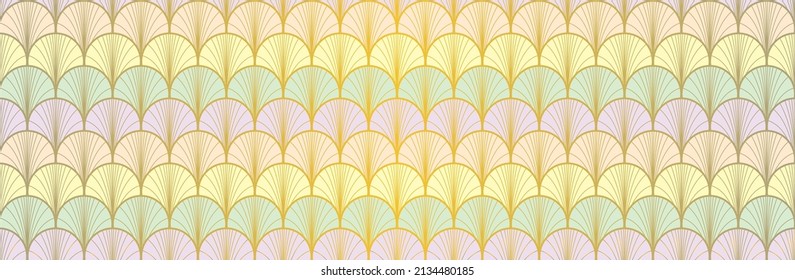 Japanese Fan Golden Seamless Pattern. Geometric Bohemian Asian Wave Texture. Premium Japanese Clothes Pattern. Bohemian Kimono Textile. Retro Gold Chinese Seamless Pattern. Boho Shell Arc Design