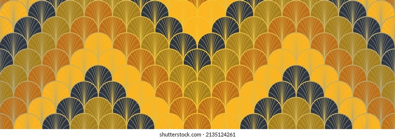 Japanese Fan Golden Seamless Pattern. Bohemian Geometric Asian Wave Texture. Elegant Kimono Textile. Rich VIP Japanese Clothes Print. Vintage Gold Chinese Seamless Pattern. Soft Shell Shape Design