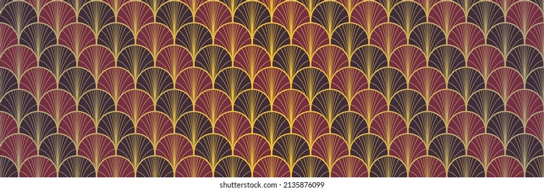 Japanese Fan Golden Seamless Pattern. Geometric Bohemian Asian Wave Print. Elegant Kimono Fabric. Premium Japanese Clothes Texture. Retro Gold Chinese Seamless Pattern. Soft Shape Arc Pattern