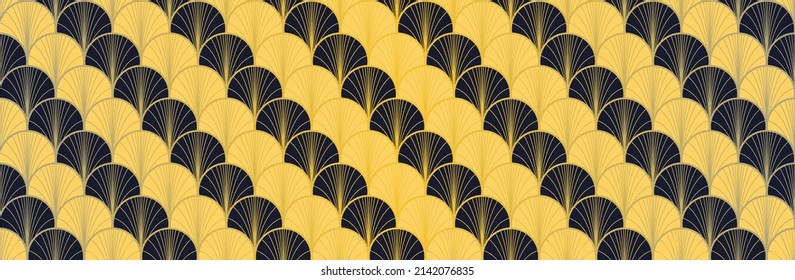 Japanese Fan Golden Seamless Pattern. Bohemian Geometric Asian Wave Pattern. Premium Japanese Clothes Print. Glamour Kimono Textile. Retro Gold Chinese Seamless Pattern. Geo Shell Arc Texture