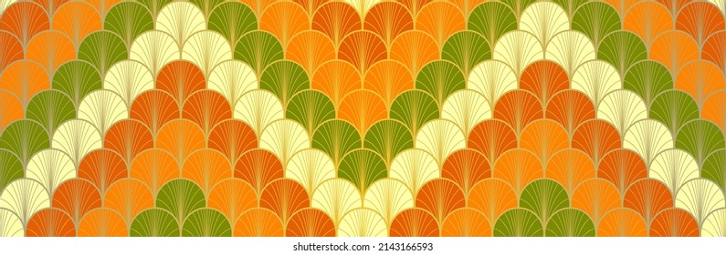 Japanese Fan Golden Seamless Pattern. Bohemian Geometric Asian Wave Texture. Rich VIP Japanese Clothes Design. Bohemian Kimono Textile. Retro Gold Chinese Seamless Pattern. Deco Shape Shell Print