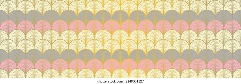 Japanese Fan Golden Seamless Pattern. Bohemian Geometric Asian Wave Texture. Premium Japanese Clothes Design. Glamour Kimono Fabric. Retro Gold Chinese Seamless Pattern. Deco Shell Shape Print