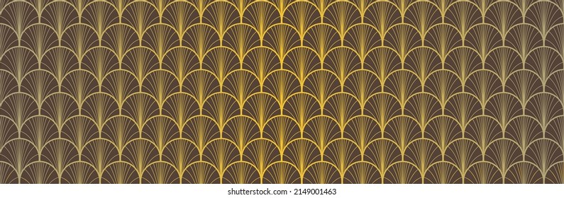 Japanese Fan Golden Seamless Pattern. Geometric Bohemian Asian Wave Texture. Premium Japanese Clothes Design. Bohemian Kimono Fabric. Vintage Gold Chinese Seamless Pattern. Geo Arc Shell Pattern