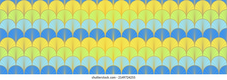 Japanese Fan Golden Seamless Pattern. Geometric Bohemian Asian Wave Design. Rich VIP Japanese Clothes Print. Glamour Kimono Fabric. Vintage Gold Chinese Seamless Pattern. Boho Shell Shape Texture