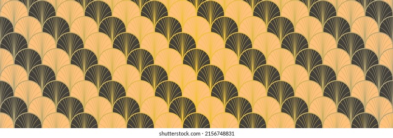 Japanese Fan Golden Seamless Pattern. Premium Japanese Clothes Texture. Bohemian Geometric Asian Wave Design. Bohemian Kimono Textile. Vintage Gold Chinese Seamless Pattern. Boho Arc Shape Pattern