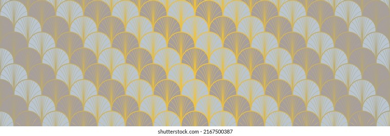 Japanese Fan Golden Seamless Pattern. Bohemian Kimono Textile. Bohemian Geometric Asian Wave Texture. Rich VIP Japanese Clothes Pattern. Vintage Gold Chinese Seamless Pattern. Soft Shell Shape Print