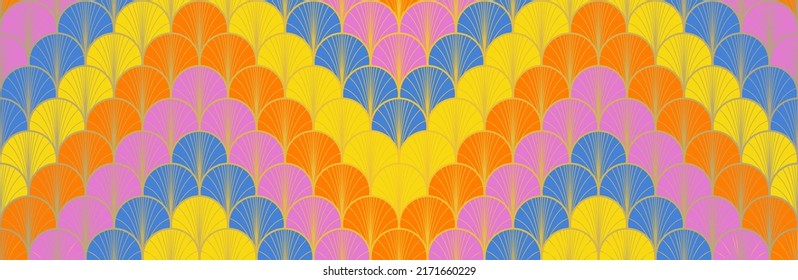 Japanese Fan Golden Seamless Pattern. Glamour Kimono Textile. Premium Japanese Clothes Pattern. Bohemian Geometric Asian Wave Print. Vintage Gold Chinese Seamless Pattern. Geo Arc Shell Texture