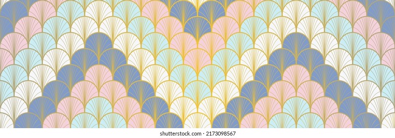 Japanese Fan Golden Seamless Pattern. Glamour Kimono Textile. Rich VIP Japanese Clothes Texture. Geometric Bohemian Asian Wave Print. Vintage Gold Chinese Seamless Pattern. Geo Shell Arc Pattern