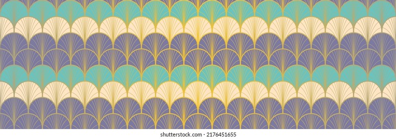 Japanese Fan Golden Seamless Pattern. Glamour Kimono Fabric. Premium Japanese Clothes Pattern. Geometric Bohemian Asian Wave Texture. Vintage Gold Chinese Seamless Pattern. Geo Shell Arc Design