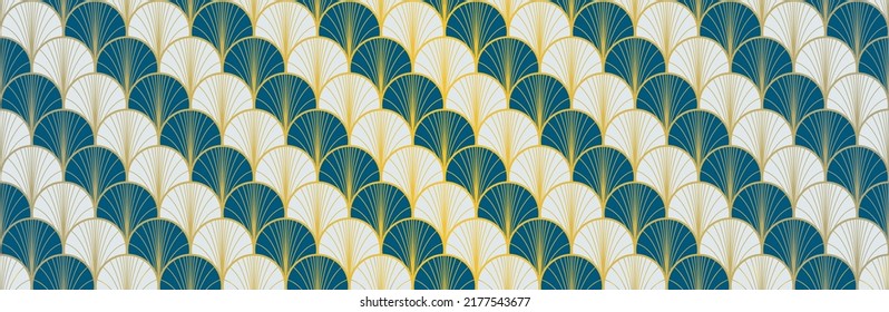 Japanese Fan Golden Seamless Pattern. Geometric Bohemian Asian Wave Texture. Bohemian Kimono Fabric. Rich VIP Japanese Clothes Pattern. Retro Gold Chinese Seamless Pattern. Deco Shape Shell Print