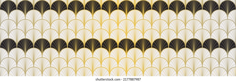 Japanese Fan Golden Seamless Pattern. Glamour Kimono Textile. Luxurious Japanese Clothes Design. Bohemian Geometric Asian Wave Texture. Vintage Gold Chinese Seamless Pattern. Geo Shell Shape Print