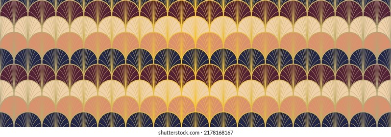 Japanese Fan Golden Seamless Pattern. Luxurious Japanese Clothes Pattern. Geometric Bohemian Asian Wave Texture. Elegant Kimono Textile. Retro Gold Chinese Seamless Pattern. Geo Shape Arc Print