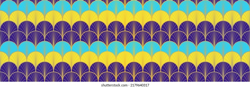 Japanese Fan Golden Seamless Pattern. Bohemian Geometric Asian Wave Pattern. Glamour Kimono Textile. Luxurious Japanese Clothes Print. Vintage Gold Chinese Seamless Pattern. Deco Shell Arc Design