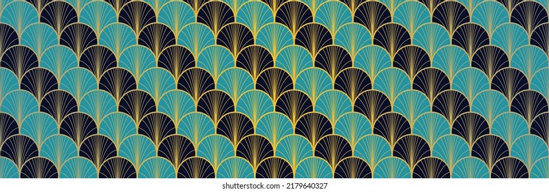 Japanese Fan Golden Seamless Pattern. Luxurious Japanese Clothes Pattern. Glamour Kimono Fabric. Bohemian Geometric Asian Wave Texture. Vintage Gold Chinese Seamless Pattern. Geo Arc Shape Print