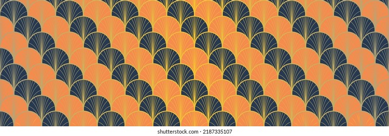 Japanese Fan Golden Seamless Pattern. Glamour Kimono Textile. Geometric Bohemian Asian Wave Pattern. Luxurious Japanese Clothes Texture. Retro Gold Chinese Seamless Pattern. Geo Curve Shell Print