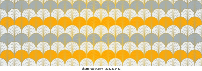 Japanese Fan Golden Seamless Pattern. Rich VIP Japanese Clothes Texture. Glamour Kimono Fabric. Bohemian Geometric Asian Wave Design. Retro Gold Chinese Seamless Pattern. Deco Shape Arc Print