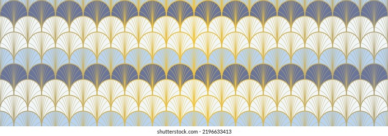 Japanese Fan Golden Seamless Pattern. Bohemian Geometric Asian Wave Texture. Elegant Kimono Fabric. Rich VIP Japanese Clothes Pattern. Vintage Gold Chinese Seamless Pattern. Geo Arc Shell Design