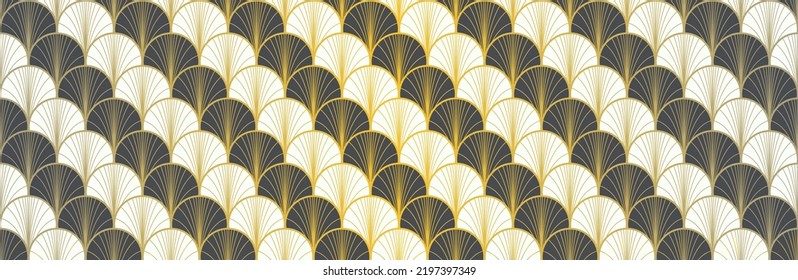 Japanese Fan Golden Seamless Pattern. Geometric Bohemian Asian Wave Design. Rich VIP Japanese Clothes Print. Glamour Kimono Textile. Vintage Gold Chinese Seamless Pattern. Soft Shape Curve Pattern