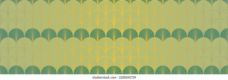 Japanese Fan Golden Seamless Pattern. Rich VIP Japanese Clothes Design. Geometric Bohemian Asian Wave Texture. Glamour Kimono Fabric. Vintage Gold Chinese Seamless Pattern. Deco Arc Shape Pattern